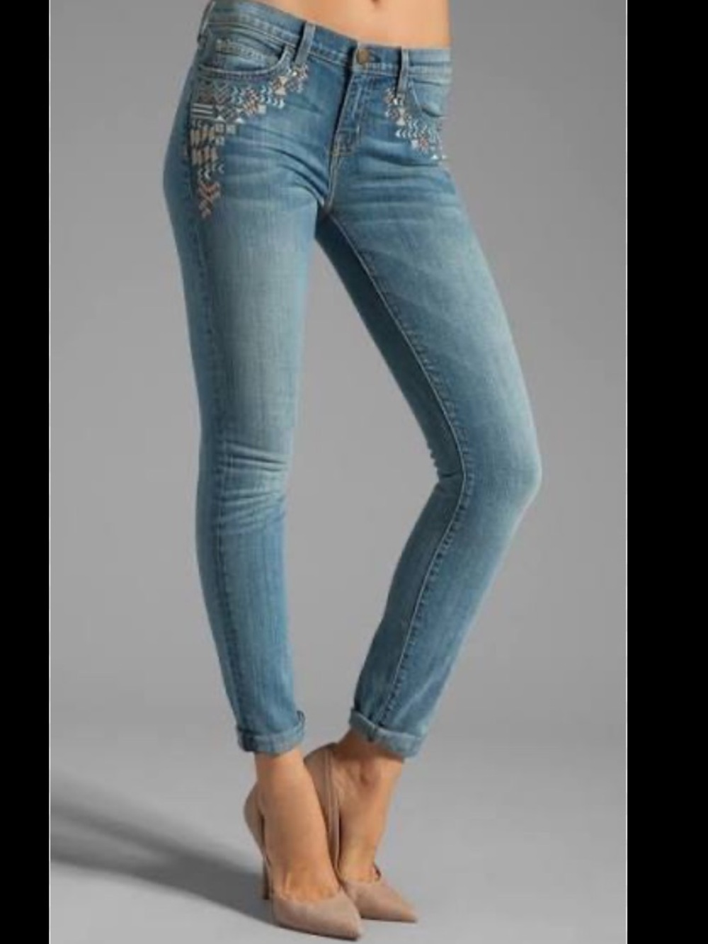 Current/Elliott The Rolled Skinny Jeans in Super Loved with Embroidery Size 25